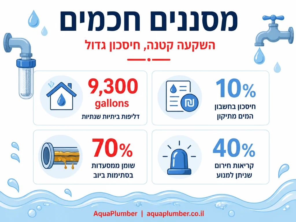 אינפוגרפיקה עם נתוני חיסכון במים ומניעת סתימות ממסננים ואביזרי מניעה בבית