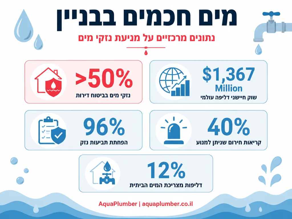 אינפוגרפיקה עם נתונים על מערכות מים חכמות ומניעת נזקי מים בבניינים משותפים