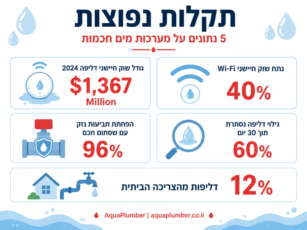 אינפוגרפיקה עם נתונים על שוק חיישני דליפה חכמים ויעילות מערכות מים חכמות