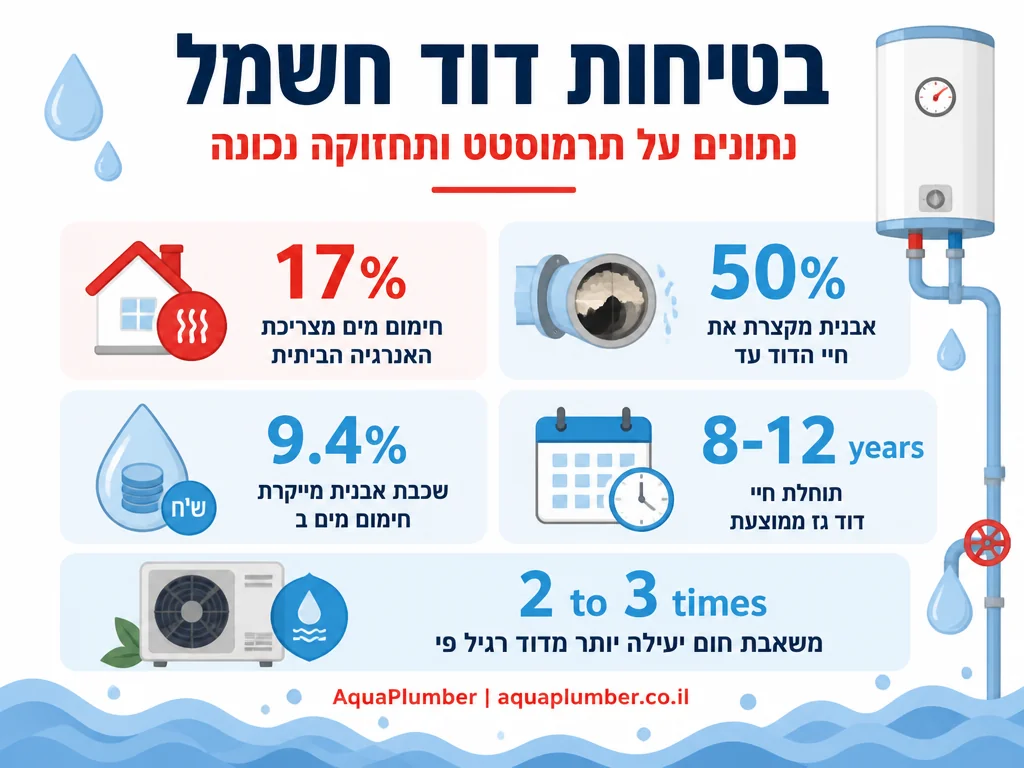אינפוגרפיקה עם נתוני יעילות אנרגטית, אבנית ואורך חיים של דוד חימום מים חשמלי