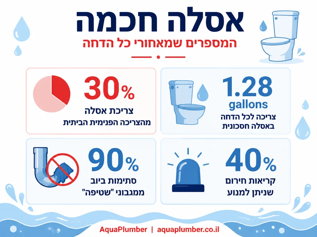 אינפוגרפיקה עם נתוני צריכת מים בהדחת אסלה וגורמים לסתימות אסלה