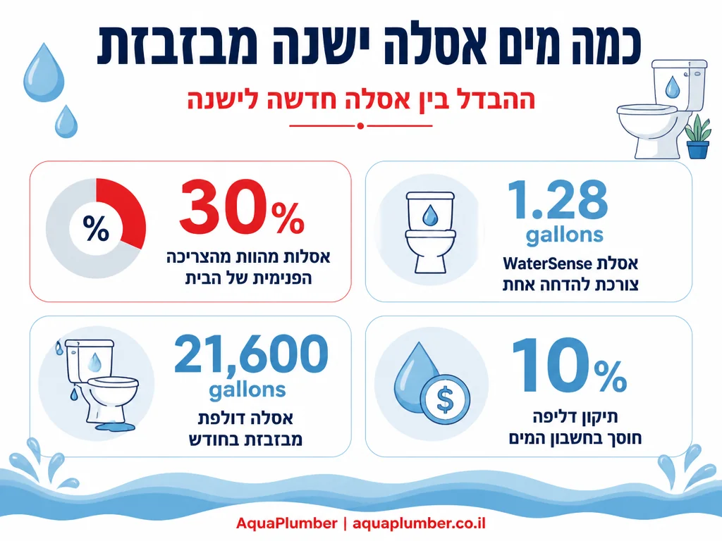 אינפוגרפיקה המשווה צריכת מים בין אסלה חדשה חסכונית לישנה דולפת