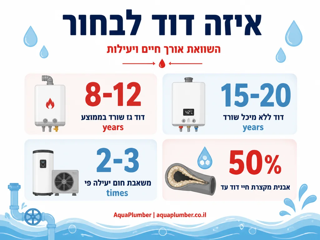 תרשים משווה אורך חיים ויעילות בין סוגי דודי מים שונים