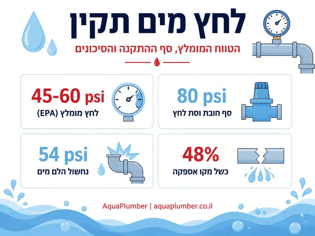 אינפוגרפיקה על טווחי לחץ מים תקינים ותקני התקנת וסת לחץ