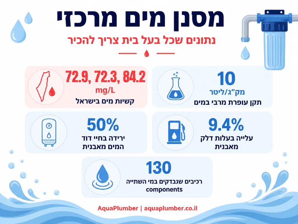 אינפוגרפיקה עם נתונים על קשיות מים, אבנית ובדיקות איכות מים בישראל